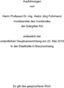 Ausf&uuml;hrungen von Herrn Professor Dr.-Ing. Heinz J&ouml;rg Fuhrmann Vorsitzender des Vorstandes der Salzgitter AG anl&auml;sslich der ordentlichen ...