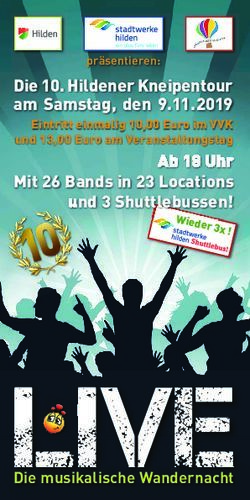 Die 10. Hildener Kneipentour am Samstag, den 9.11.2019 - Eintritt einmalig 10,00 Euro im VVK und 13,00 Euro am Veranstaltungstag